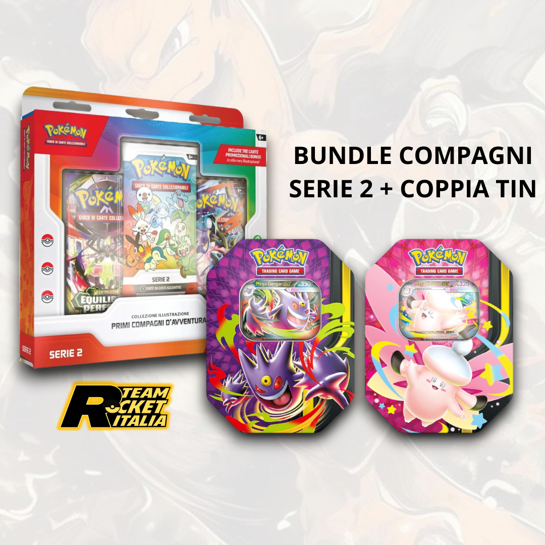 Bundle Compagni di avventura serie 2 + coppia Mega Tin da Chiarodiluna: Mega Gengar-ex e Mega Clefable-ex